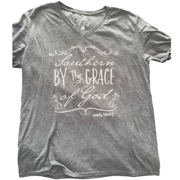 Women's Gray Simply Faithful V Neck Southern By the Grace of God Shirt Sz Large - Picture 1 of 2